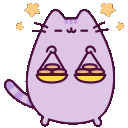 A cute purple cat standing and holding a pair of golden scales of justice with stars floating above its head.