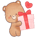 A cute brown bear holding a pink gift box with a red heart floating above it.