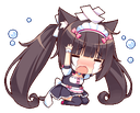 A chibi cat-girl maid with brown hair and cat ears crying with her hands raised to her face.