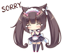 A chibi anime girl with cat ears wearing a maid outfit, clasping her hands together with a bashful expression and the word S…