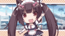 Chibi anime girl in a maid outfit waving her hand happily.