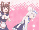 Two anime cat-girls in maid outfits happily hugging each other against a pink polka-dot background.