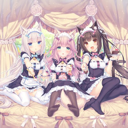 Three anime girls wearing maid outfits and cat ears sitting together in a soft-toned room.