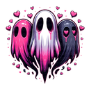 Three ghosts in white, pink, and black are arranged in a heart shape surrounded by floating pink hearts.