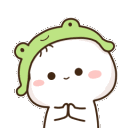 Four round white characters wearing green frog hats with different poses and expressions.