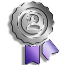 A silver circular medal with the number two embossed on it, attached to a purple ribbon.