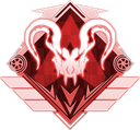 A red, geometric badge featuring a stylized horned creature head with sharp, aggressive features.