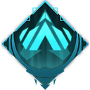 Diamond shaped emblem with a vibrant glowing cyan center on a dark background.