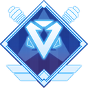 A glowing blue diamond-shaped badge with a central V-shape and geometric accents.