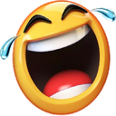 Yellow emoji face laughing with its mouth wide open and blue tears streaming from its eyes.