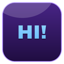 Text reading HI in light blue block letters centered on a dark purple square background.