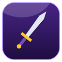A stylized sword with a silver blade and gold hilt centered on a purple rounded square.