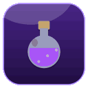 A glass flask filled with purple liquid and bubbles inside a dark purple rounded square.