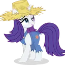 A white pony with a purple mane wears a yellow straw hat and blue denim overalls.