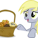 A light gray pony with yellow hair smiling while holding a basket of muffins.