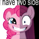 Pinkie Pie with a split face showing a bright pink side and a dark purple side, both with wide, manic grins.