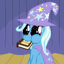 A blue pony wearing a purple wizard hat with stars is happily chewing on an open book.