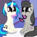 Two cartoon ponies sitting side by side with their cheeks puffed out as if they are eating.