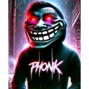 Troll face character with glowing red eyes wearing a black hoodie with the word phonk written on the chest.