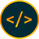 Code brackets symbol in orange on a dark circular background.