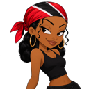 A young woman with dark hair wearing a red, black, and white flag-patterned bandana and gold hoop earrings looks over her ...