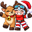 A happy anime-style character in a Santa suit hugging a smiling reindeer with a gold bell around its neck.