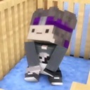 A Minecraft character with a purple headband sitting inside a wooden crib on a blue surface.