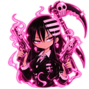 Anime girl with a smug expression holding dual pistols and a skull-topped scythe surrounded by a glowing pink aura.