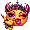 A yellow emoji with a crown and devil horns winking and sticking its tongue out while making a rock-on hand sign.