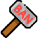 A pixelated hammer with the word BAN written in red letters on its head.