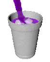 A gray cup with ice cubes being filled with a stream of bright purple liquid.