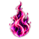 A stylized flame glowing with vibrant pink and purple light against a black background.