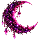 Crescent moon decorated with ornate filigree and hanging purple crystals glowing against a black background.