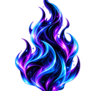 A stylized flame glowing with vibrant blue and purple light against a black background.