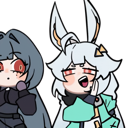 Two anime-style characters with white and grey hair making smug and mischievous expressions.