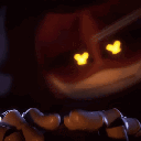 A dark, 3D character with glowing yellow eyes and a wide, sinister grin looms in the shadows.