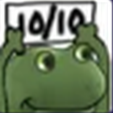 Frog holding a sign that says 10/10 with both hands raised in approval.