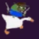 Pepe the Frog wearing a hat and holding two pistols while riding a white goose.
