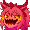 Anime girl with pink hair and horns showing a wide, jagged mouth filled with glowing orange flames.