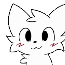 A white cat-like creature with a wide, simple grin and pink blushing marks on its cheeks.