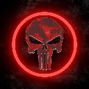 A stylized skull centered inside a glowing red circular border.
