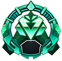 A glowing green crystal badge with a metallic frame and a central shield shape.
