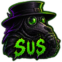 Plague doctor wearing a black hat and beak mask with glowing green eyes, with the green text SUS below.