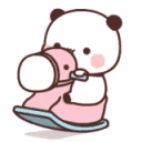 A cute panda bear happily rocking back and forth on a small pink toy horse.