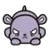 A small purple creature with a grumpy face and glowing white eyes.