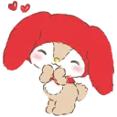 A cute brown bunny wearing a red hood, blushing and giggling with small red hearts floating above its head.
