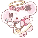 A small, pink, chibi-style creature with wings, a halo, and a flower crown holding a pink heart.