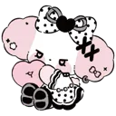 A kawaii character with cross-stitched eyes and a bow holding a pink heart.
