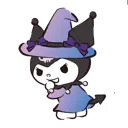 Kuromi wearing a witch hat and robe with a mischievous expression.