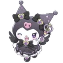 Kuromi winks while holding a magical scepter in a cute gothic outfit.